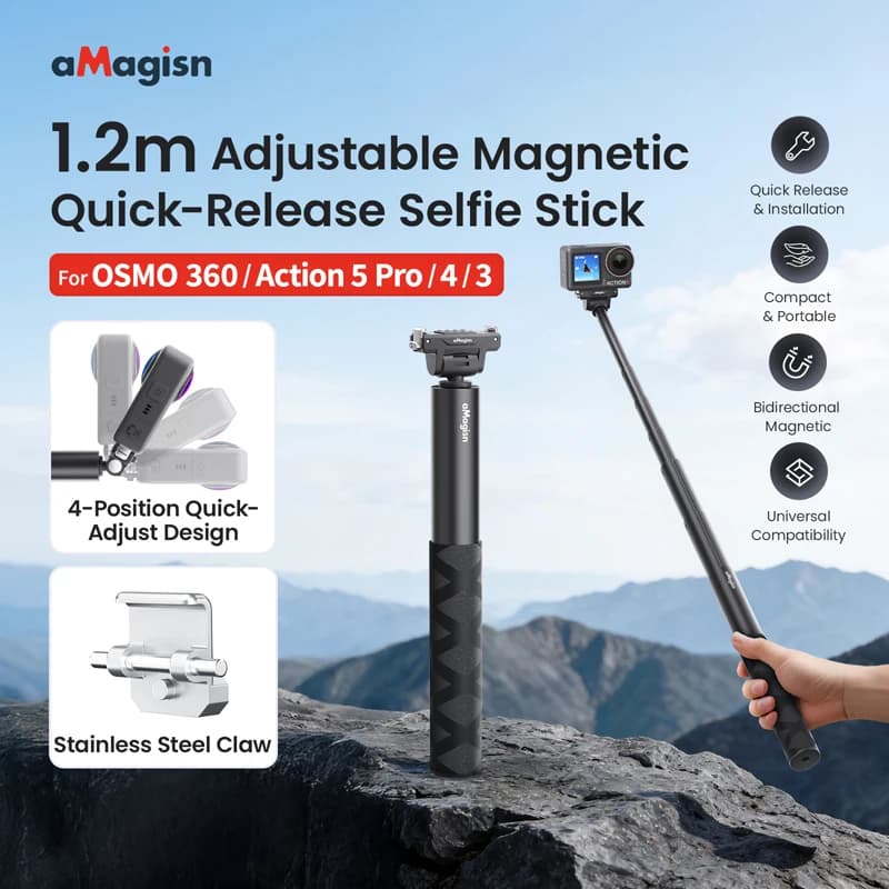 1.2M Adjustable Magnetic Selfie Stick with Quick Hook for Camera OSMO 360 Action 5Pro/4/3, Invisible Extension for High Height Riprese