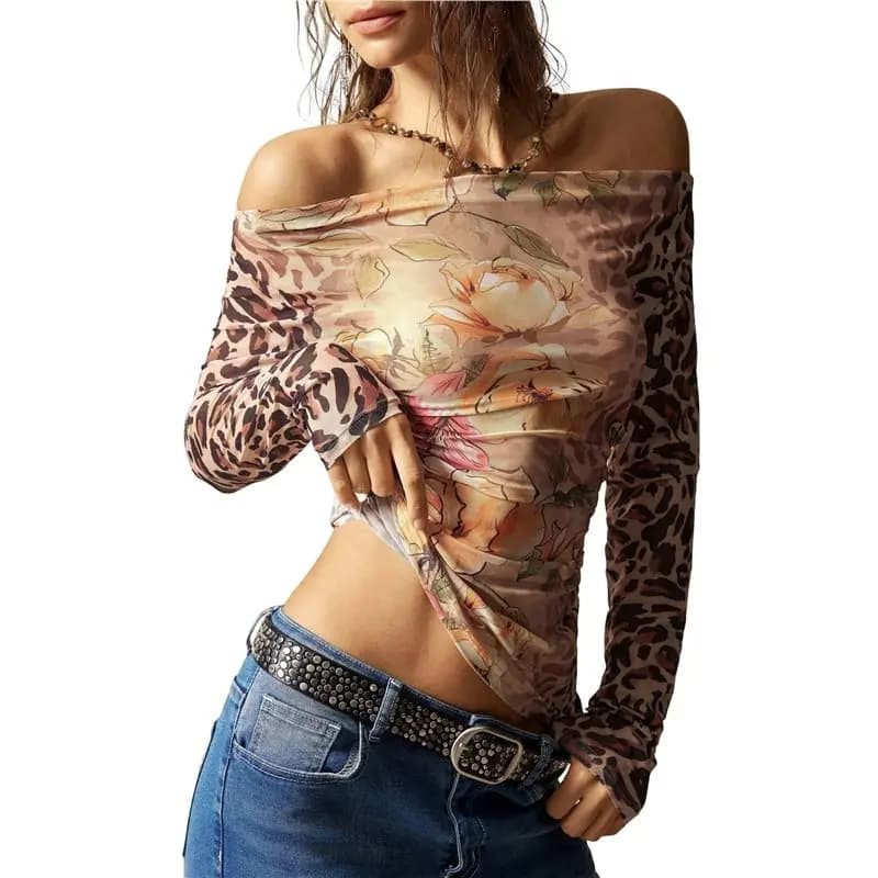 AT33 Top da donna a maniche lunghe con spalle scoperte floreali Camicette per uscire alla moda con increspature in rete autunnale