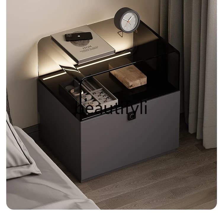 SS Comodino intelligente minimalista italiano con comodino con serratura per impronte digitali, piccolo armadietto di fascia alta di lusso leggero