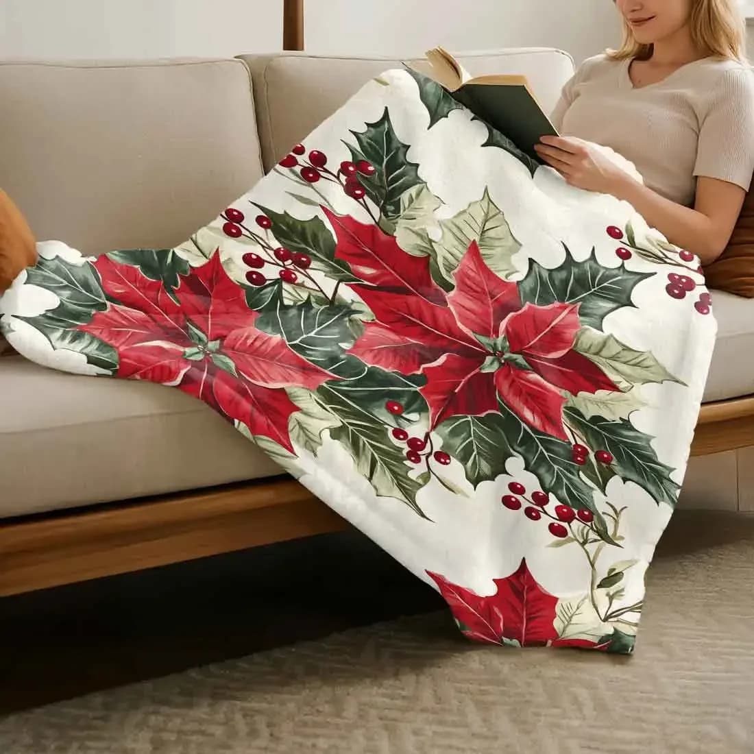 Coperte da tiro con fiori di Natale, calda e morbida coperta al ginocchio in peluche per l'inverno, ufficio, camera da letto, divano, regali da viaggio, decorazioni per la casa
