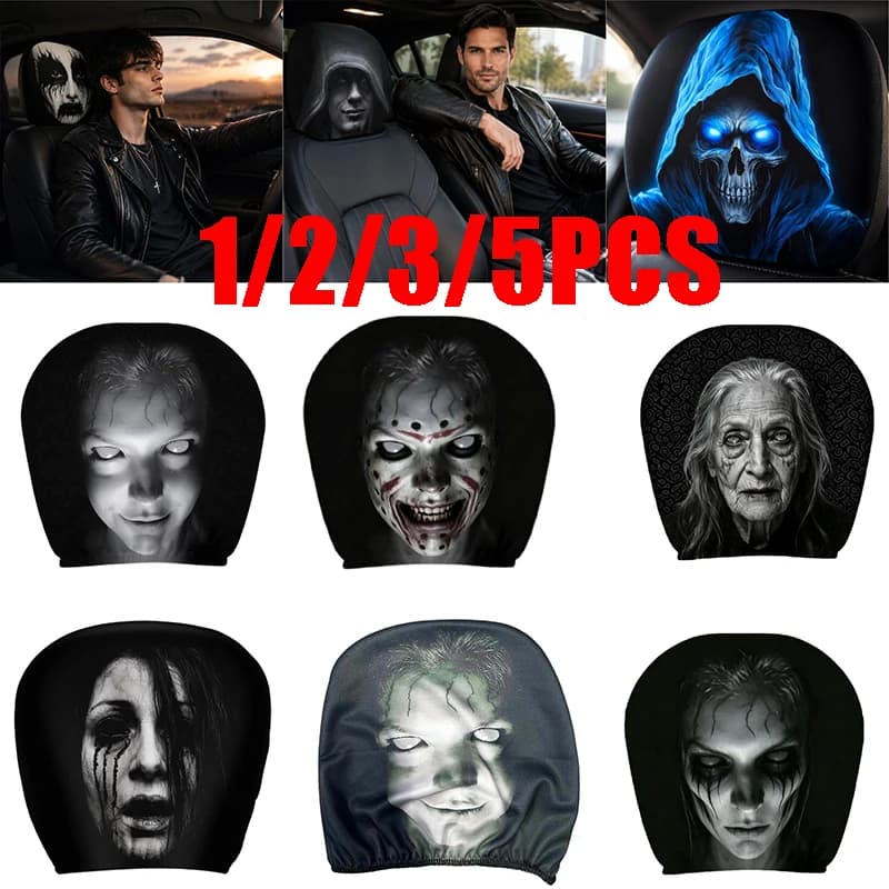1-5PCS Car Headrest Covers Universal Elastic Fit Horror Theme Design Funny Playful All Occasions Seat Protectors Car Accessories