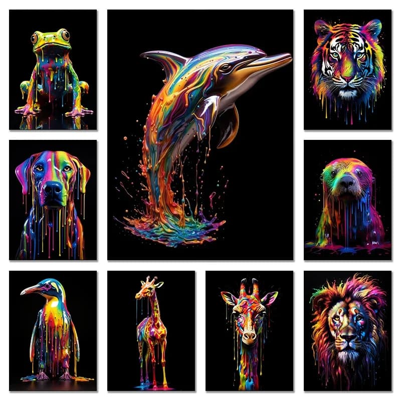 1 quadro su tela senza cornice, con animali dipinti: Cane arcobaleno, Lontra marina, Elefante. Stampe HD su tela.