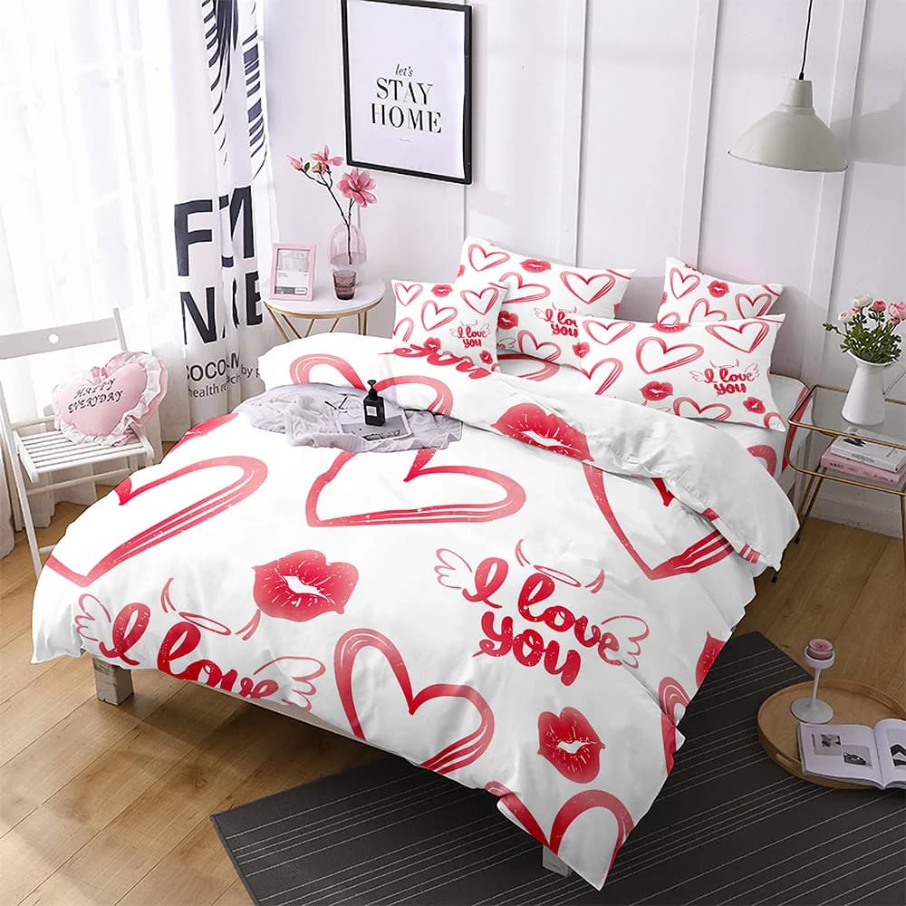 Set copripiumino in poliestere labbra Cuore rosso Regalo di San Valentino per coppia moglie Set biancheria da letto king size queen size con federa