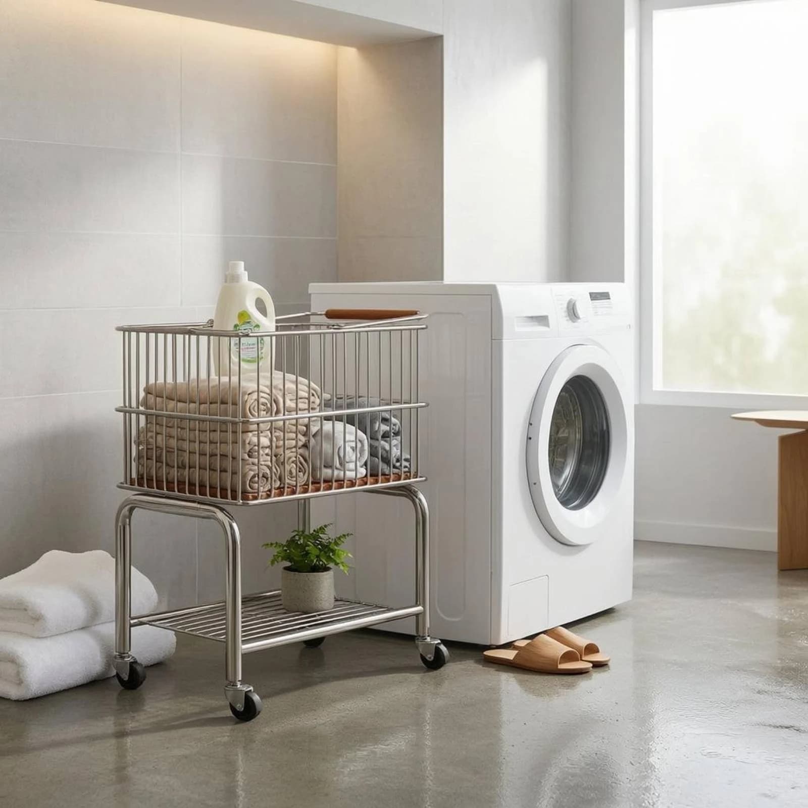 Laundry Basket Trolley Chrome Frame Wire Laundry Trolley Home Organizer Rectangular Easy to Move for Bathroom