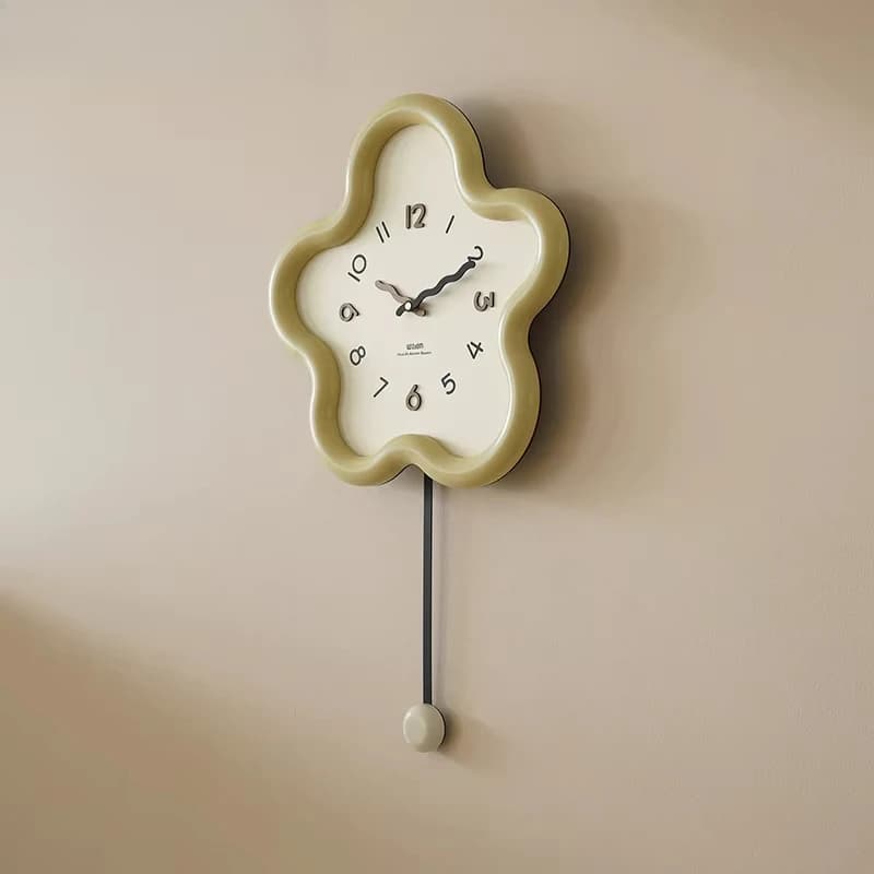 Mandelda Artistic Modern Silent Swing Wall Clock Minimalist Floral Design for Dining Room No-Drill Hanging Easy to Install
