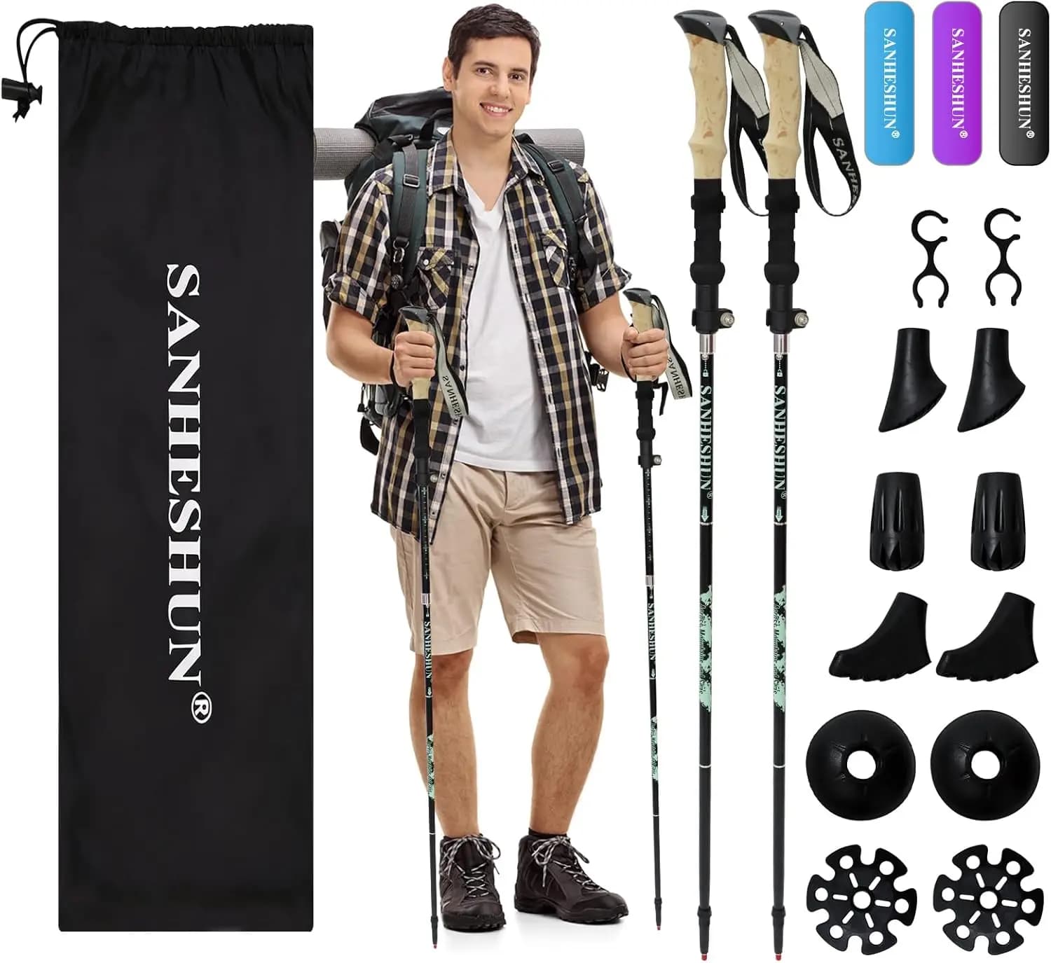 Walking trekking poles Pack of 2 - Light aluminium, anti-shock, fast tipping closure, 108-128 cm, EVA cork handle - for