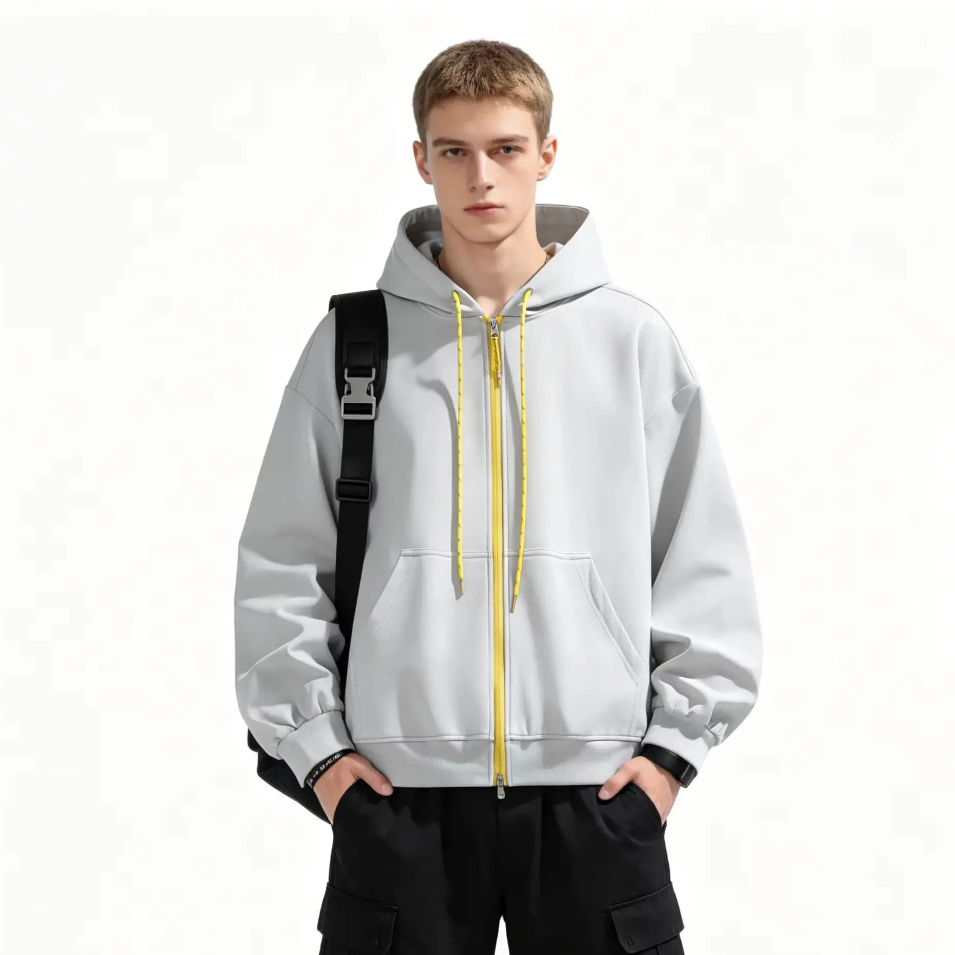 Men's Contrast Drawstring Zip-Up Hoodie, Grey Loose Oversized Full-Zip Hooded Sweatshirt, Casual Streetwear Jacket for Autumn &