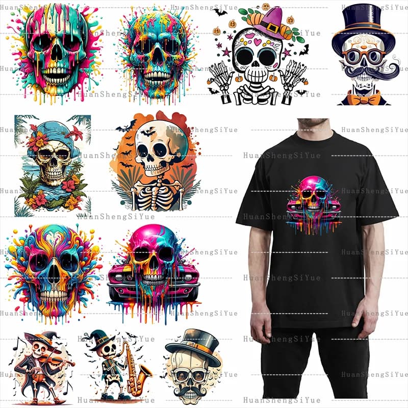 Adesivo da stiro Vestiti Scheletro colorato T-shirt moda Felpa con cappuccio Adesivo per trasferimento di calore con toppa per giacca fai-da-te