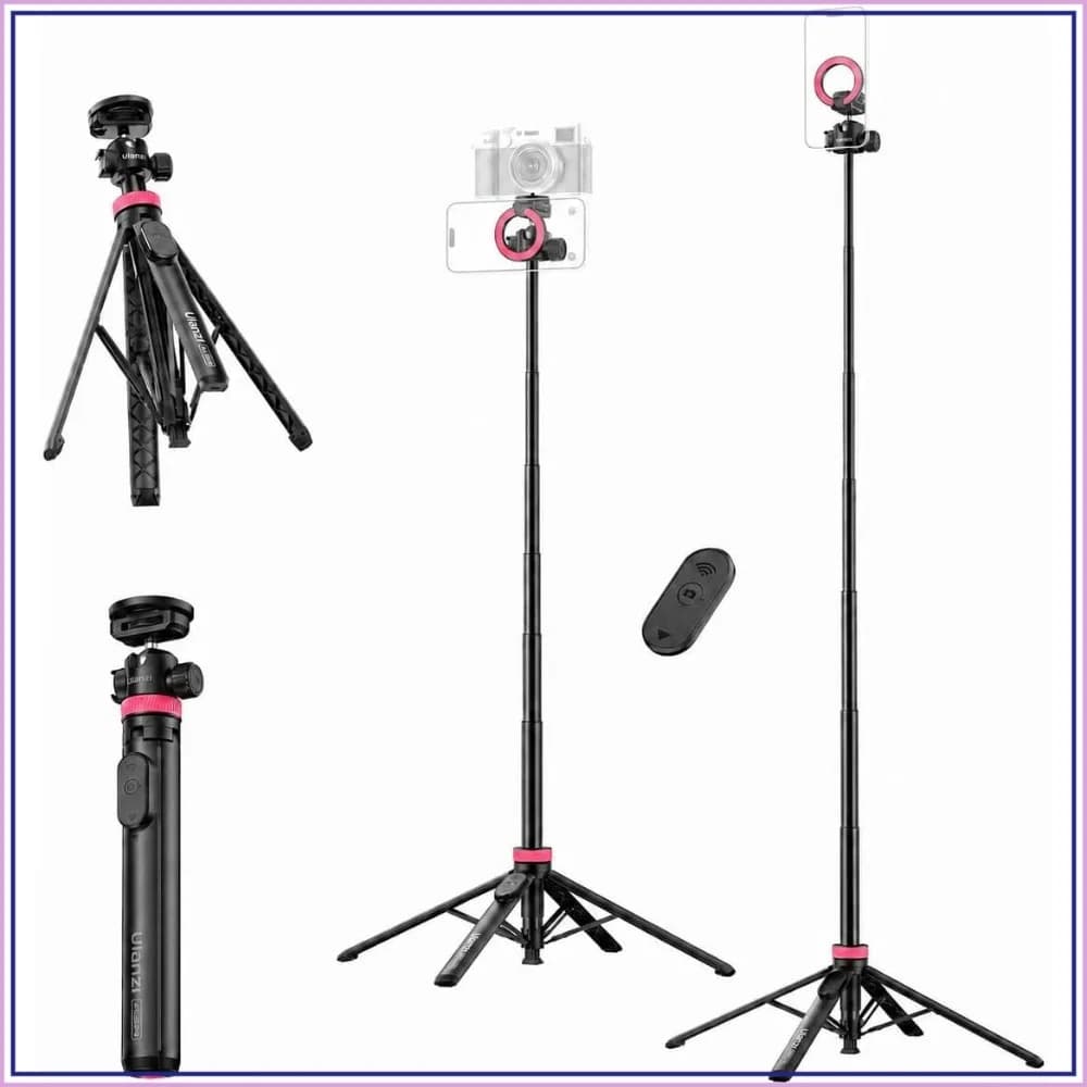 Auto Open Magnetic Phone Tripod, 59" Selfie Stick Tripod Stand with Remote, 2-in-1 Dual Mount & 1/4" Screw for Phone & Camera, 360° Ball Head for Vlogging, Live Streaming, Black