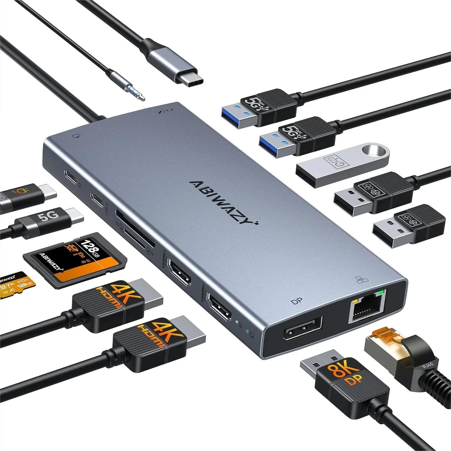 Docking Station USB C 15-in-1 per Laptop con Doppio Monitor DP 8K, 2 HDMI 4K, 100W PD, Ethernet, Hub USB per Dell/HP/Lenovo