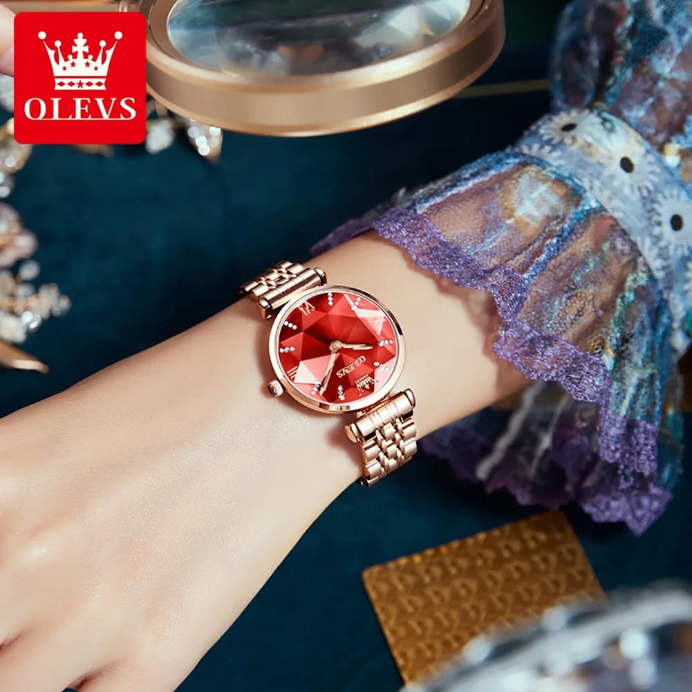 OLEVS Original Prismatic Diamond Watch Fashion Luxury Watches for Women Fine Classy Steel Analog Quartz Watch