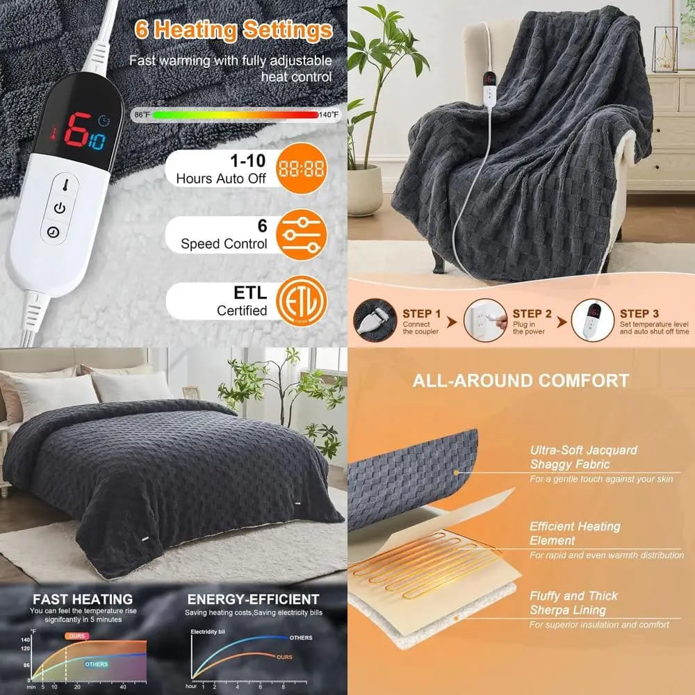 Coperta elettrica a grandezza naturale - Sherpa jacquard 72x84, 6 impostazioni di calore, spegnimento automatico di 10 ore, protezione dal surriscaldamento, certificata ETL,