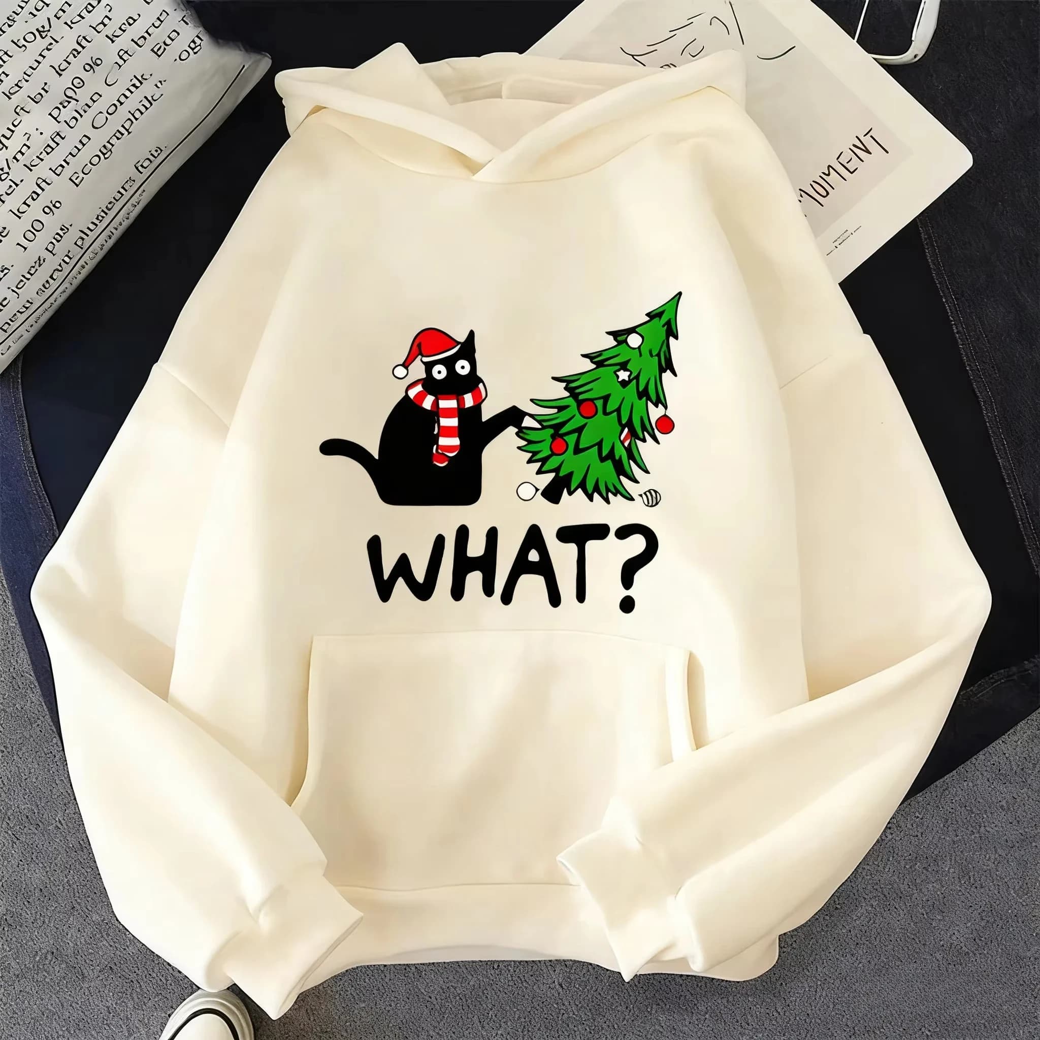 Autumn New Christmas Hoodie Cat&Christmas Tree Graphic Printed Winter Hoodie Women Fashion Casual Sweatshirts Pullovers New Year