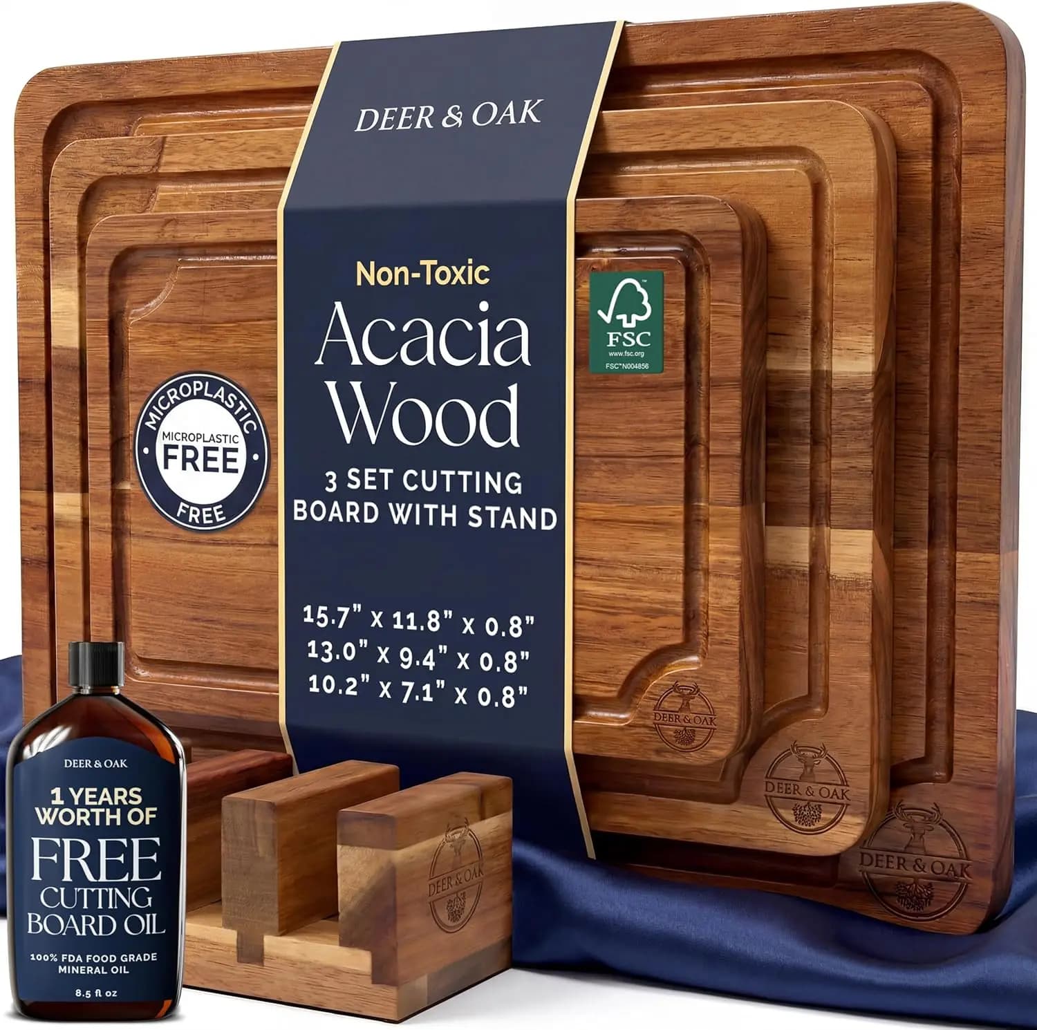 Set di Taglieri in Acacia Pre-Oliati Non Tossici con Supporto, Certificati FSC, Include Olio per Cucina Domestica e BBQ