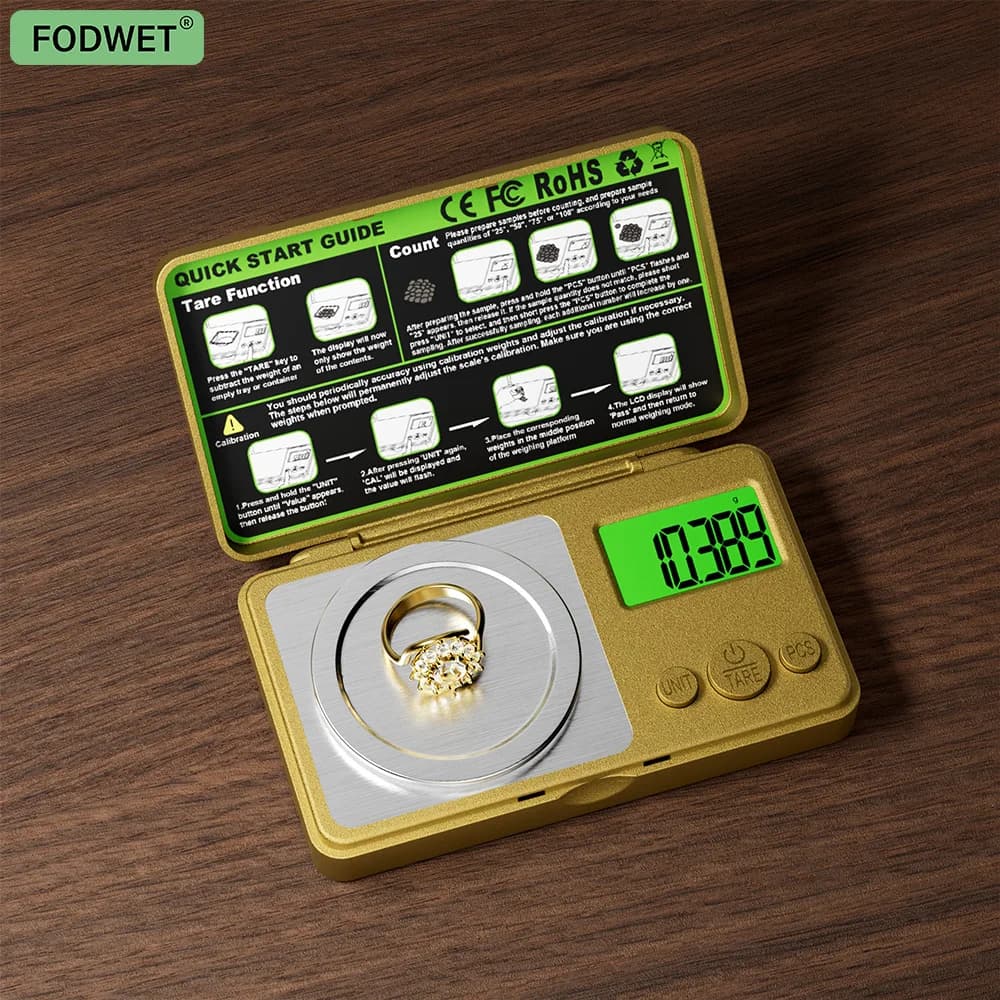 FODWET 4 pezzi Bilancia per gioielli tascabile in oro Precisione 0,001 g, precisione mini laboratorio portatile per test di pietre preziose/diamanti/metalli