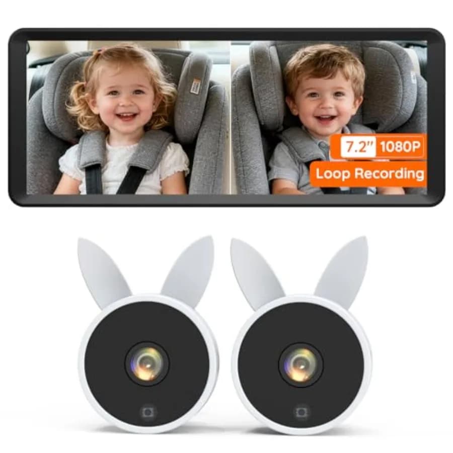Baby monitor for car use, ABS plastic, white, dual 1080P cameras with 7.2 split-screen display, auto IR night vision, adjustabl