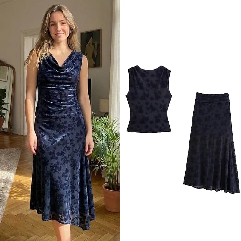 Willshela Set da 2 pezzi alla moda da donna Canotte senza schienale stampate e gonna vintage elastica in vita Set di gonne da donna chic femminili