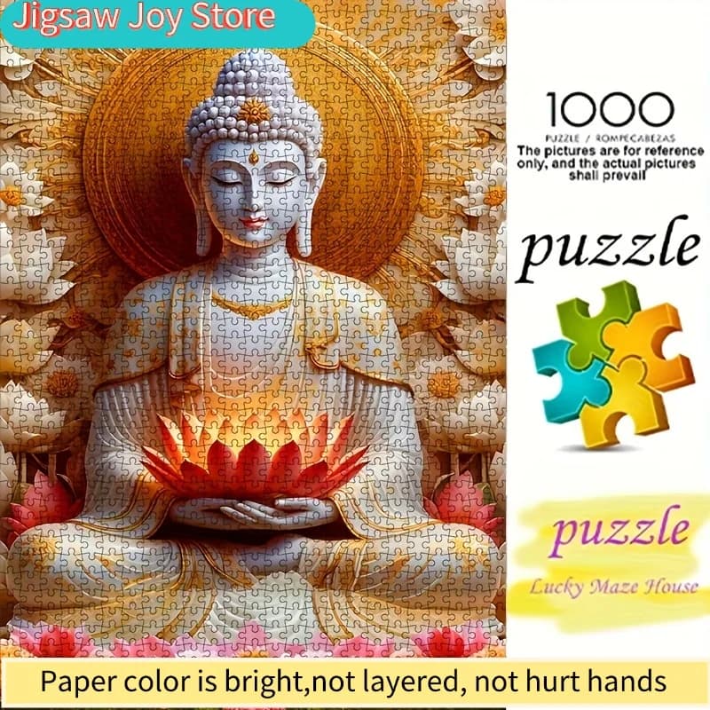 Puzzle di Carta Fai-da-Te da 1000 Pezzi, **Design Buddha e Loto**, Articoli Buddisti, Materiale in Cartoncino Bianco di Alta Qualità per Decorazioni Domestiche
