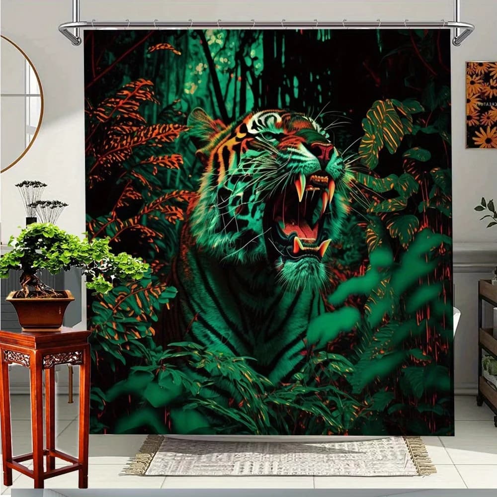 Tenda da doccia 1 pezzo ruggente tigre giungla - Decorazione da bagno vibrante con animali selvatici, tessuto in poliestere resistente con 12 ganci, 70,8x7