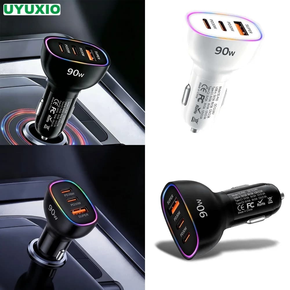 Super Fast 90W Car Charger Multi Port Dual PD 30W Type C USB A 30W Adapter for Laptop Phone MacBook PPS QC3.0 RGB LED Light