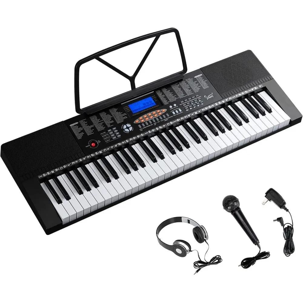61 Key Portable Electronic Piano Keyboard With LCD Screen Mic Headphones Music Stand Power Adapter 3 Teaching Modes Built-In Speakers Dual Tone Function