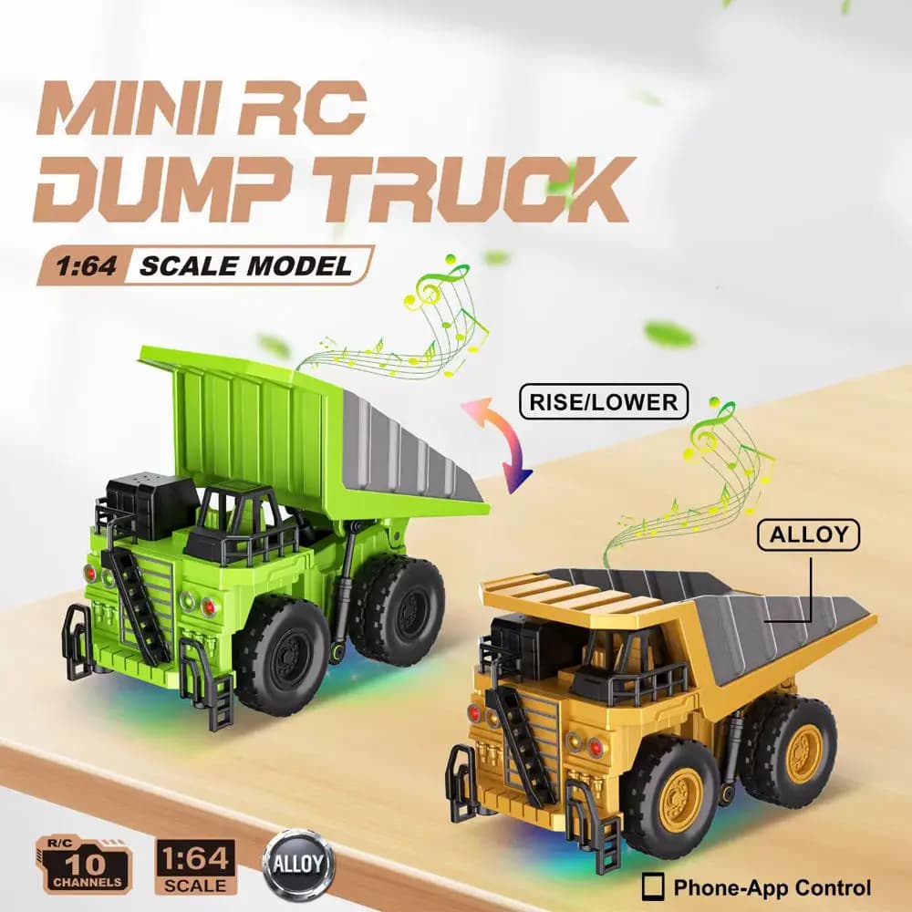 Mini Camion Ribaltabile RC in Lega 1:64, Escavatore 2.4G con Luci e Suoni, Gioco da Tavolo Telecomandato, Giocattoli da Costruzione per Ragazzi