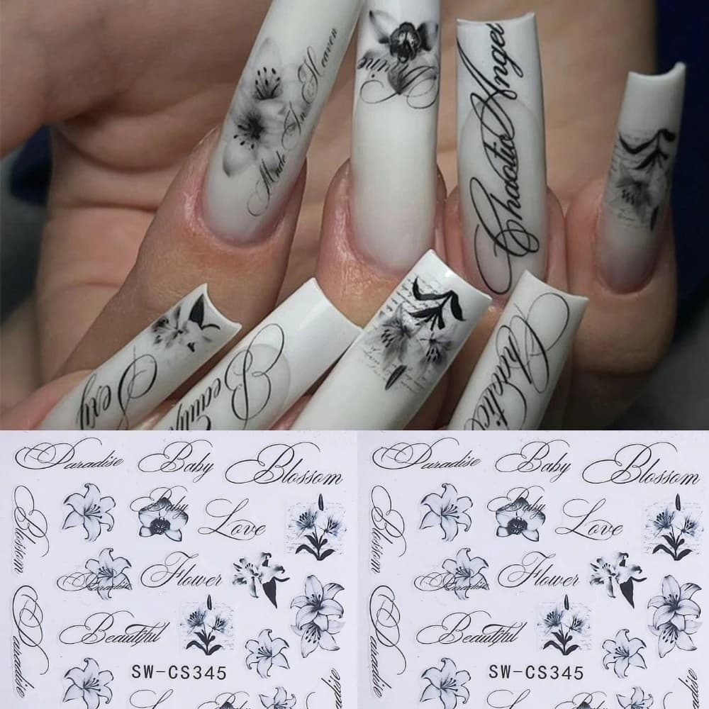 2 adesivi per unghie con lettere Lily, design floreale con lettere in inchiostro bianco e nero, decorazioni autoadesive eleganti per nail art