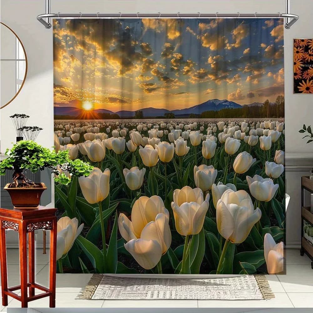 Tenda da doccia 1 pezzo Sunset Tulip - Design floreale vibrante con tulipani bianchi e cielo al tramonto, tessuto in poliestere resistente, 70. 8x70. 8 pollici
