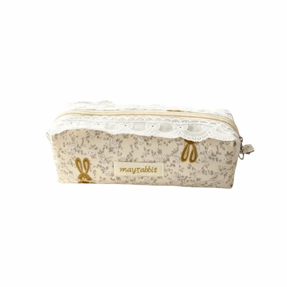 New Cotton Floral Pencil Case Zipper Lace Trim Pencil Pouch Storage Bag School Supplies