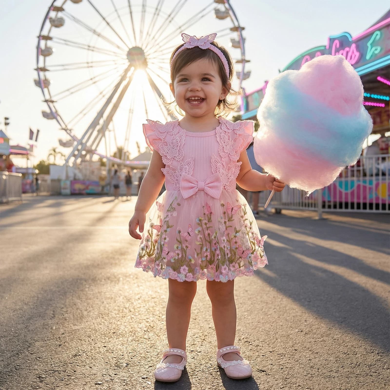 Baby Girls Rompers Floral Embroidery Butterfly Decor Fly Sleeve Crew Neck Skirt Hem Infant Bodysuits Jumpsuits with Headband
