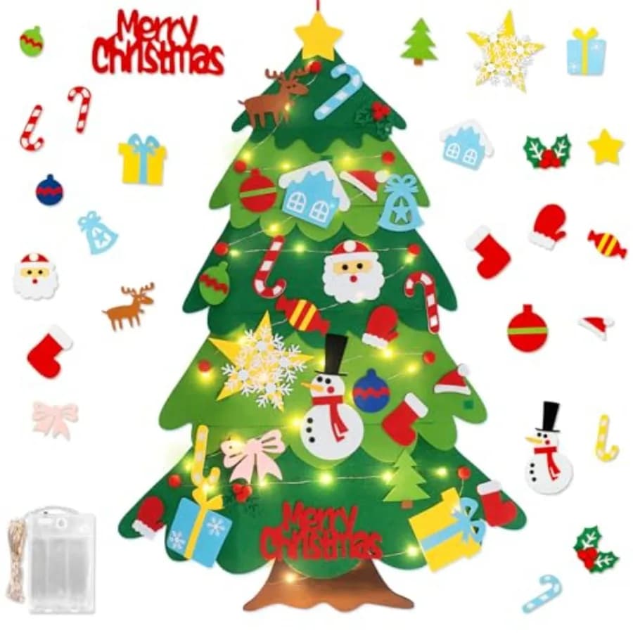 3.3FT Montessori Felt Christmas Tree for Toddlers, DIY Wall Christmas Tree with 32 Ornaments and String Lights, Indoor Xmas Dec