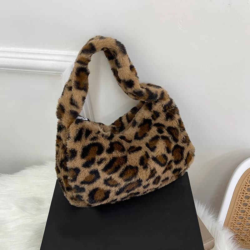 Elegante borsa tote con motivo leopardato Borsa morbida in peluche Borsa a tracolla sotto le ascelle Borsa da ascella casual da donna Borsa per chiavi con rossetto Alla moda
