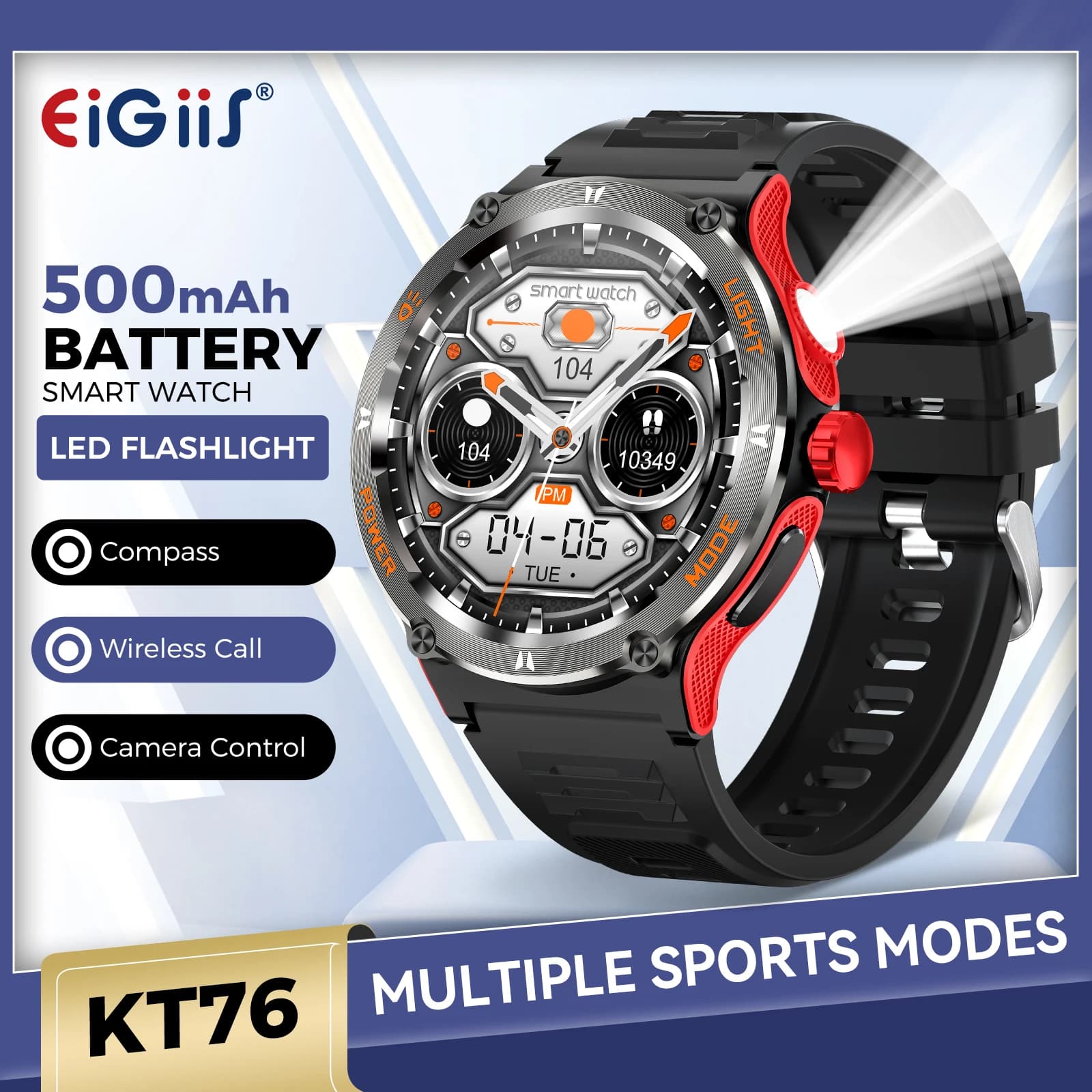 EIGIIS Smart Watch 3ATM Waterproof 1.53 "KT76 Men sports with compass and LED torch Heart rate Sleep analysis Bluetooth