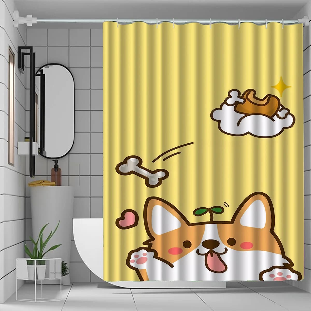 Simpatica tenda da doccia con cane Corgi, cartone animato di animali domestici con osso e cuore, stampa divertente con animali, decorazione per il bagno dei bambini, tessuto impermeabile