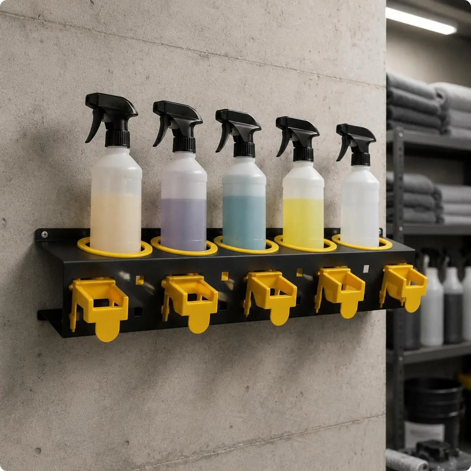 Five Slot Wax Bottle Holder Iron Wall Organizer Spray Bottle Rack Storage Shelf for Garage or Shop Use