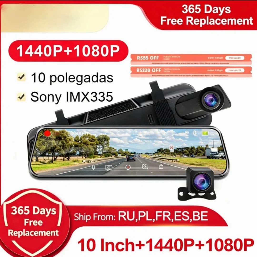 Acceo Dash Cam a Specchio 10" 2K, DVR Auto con Doppia Lente Anteriore 1440P, Visione Notturna, Registrazione in Loop, Monitoraggio Parcheggio, 365 Giorni di Sostituzione Gratuita