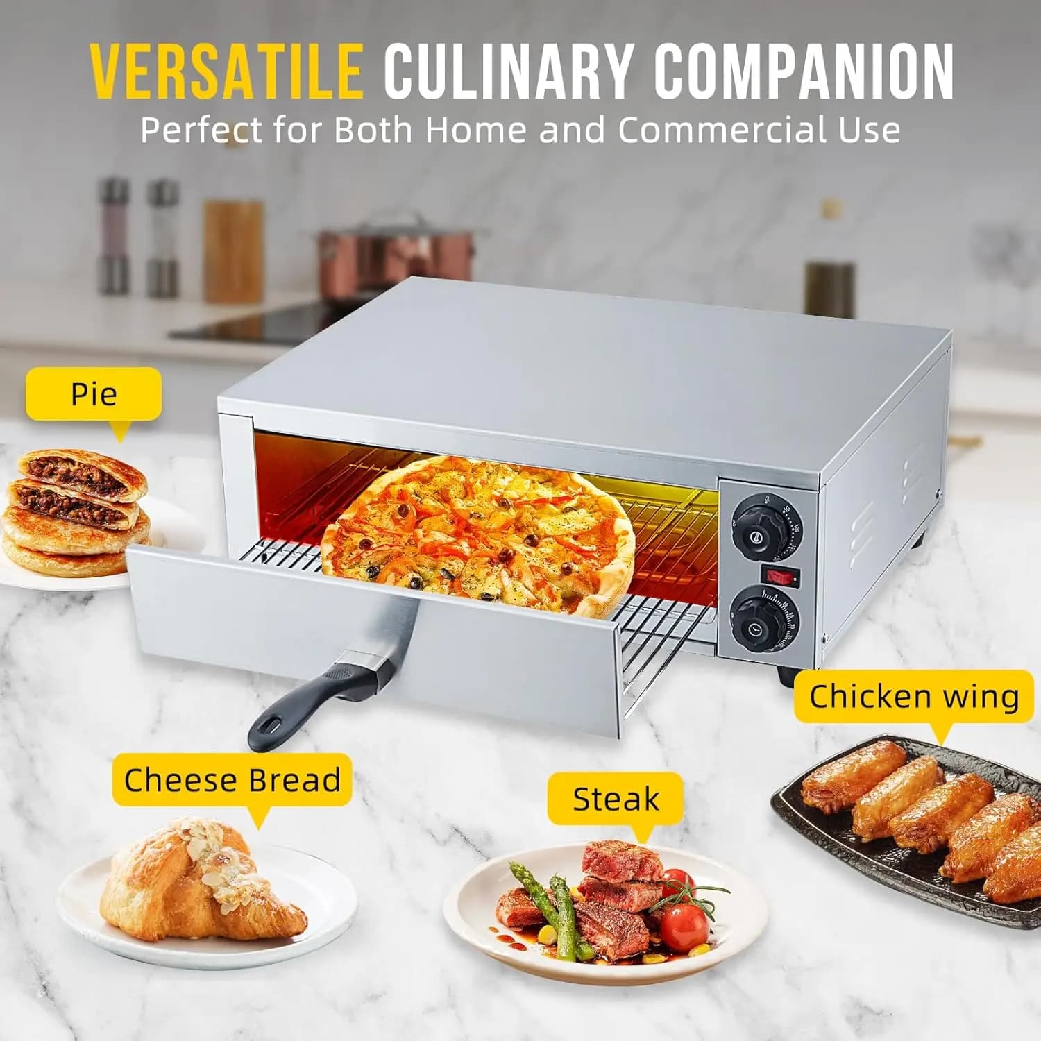 Electric Pizza Oven Indoor, 16 Inch Countertop Commercial Pizza Oven with Grilling Rack, Crumb Tray, Handle and Feet Pads