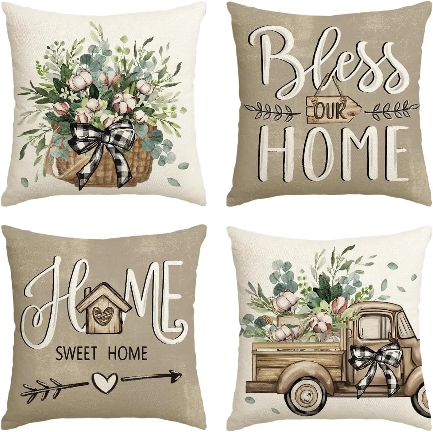 Decorative cushions with rustic style eucalyptus leaves, set of 4 pieces from 18x18 inches with hidden zipper