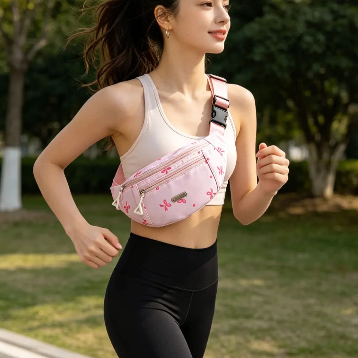 Fashionable and Sweet Bow Printed Women's Chest Bag Lightweight and Large Capacity Layered Waist Bag Crossbody Bag Daily Commute