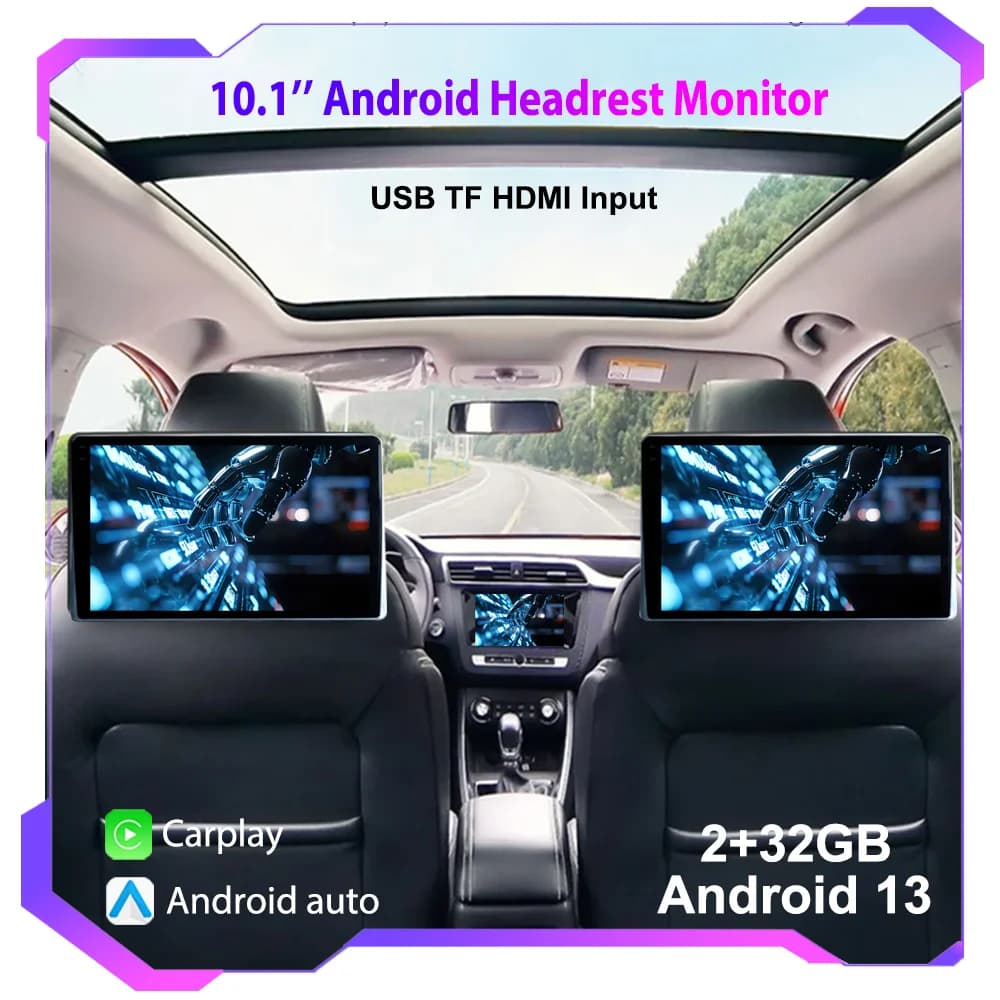 10.1 "HD 1280*800 Android 13 Monitor for Car Headrest Tablet for Rear Seat Multimedia Apple Carplay Environmental Lights BT SD HDMI Input