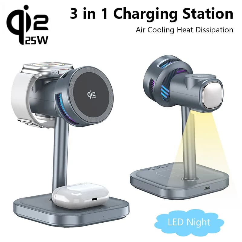 Qi2 25W Wireless Magnetic Charger with LED Light and Air Cooling for iPhone 17 16 15 14 13 12, Apple Watch, Airpods Pro, Quick Charging