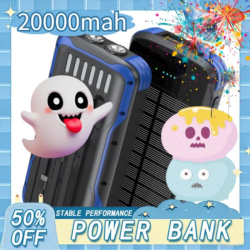 Caricabatterie Solare 20000mAh, Ricarica Rapida USB 22.5W + Type-C PD 20W, 4 Cavi Integrati, Torcia LED, Power Bank Portatile per Telefoni