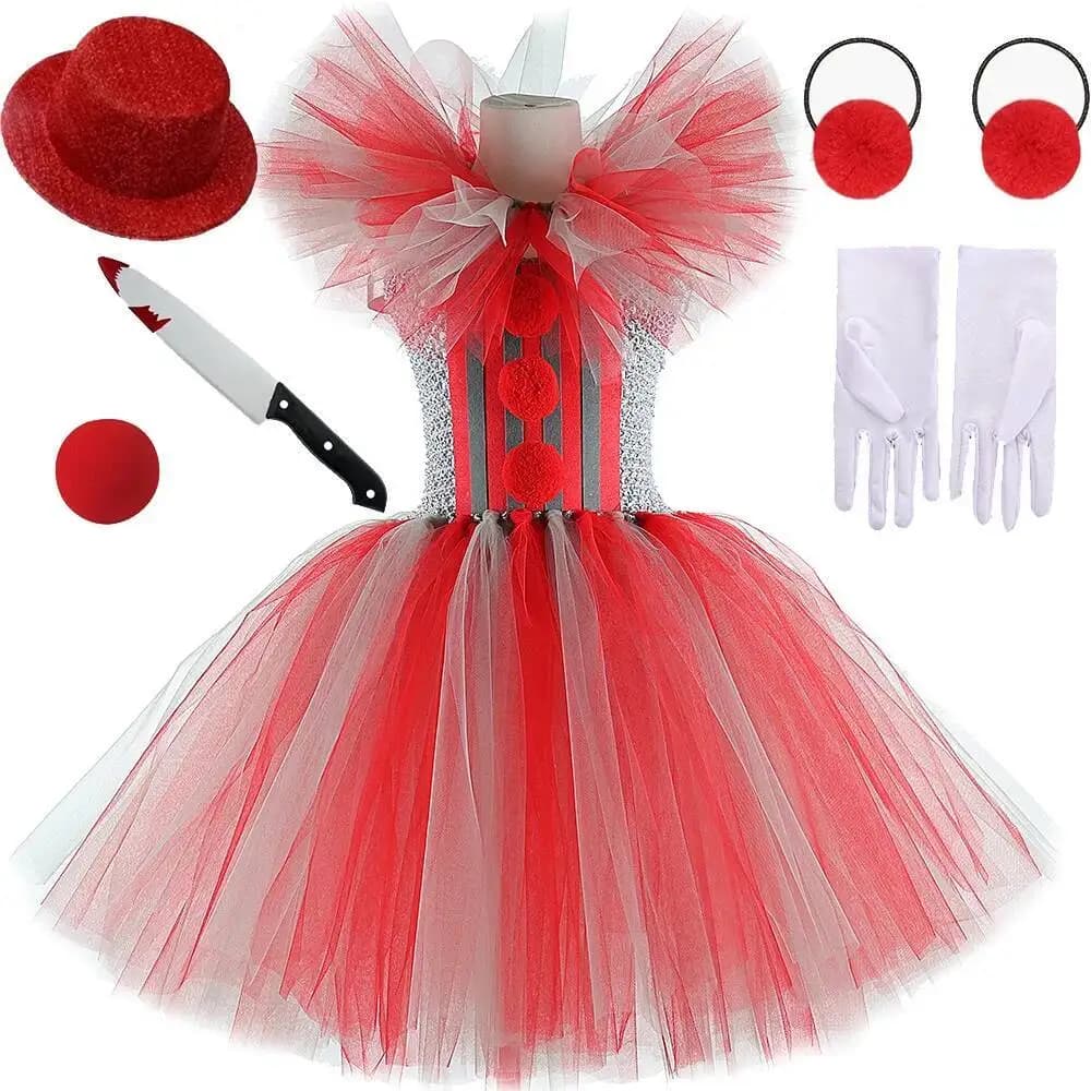 Gray Red Killer Clown Costumes for Girls Scary Funny Joker Halloween Dress for Kids Creepy Carnival Party Outfit Horror Clothes