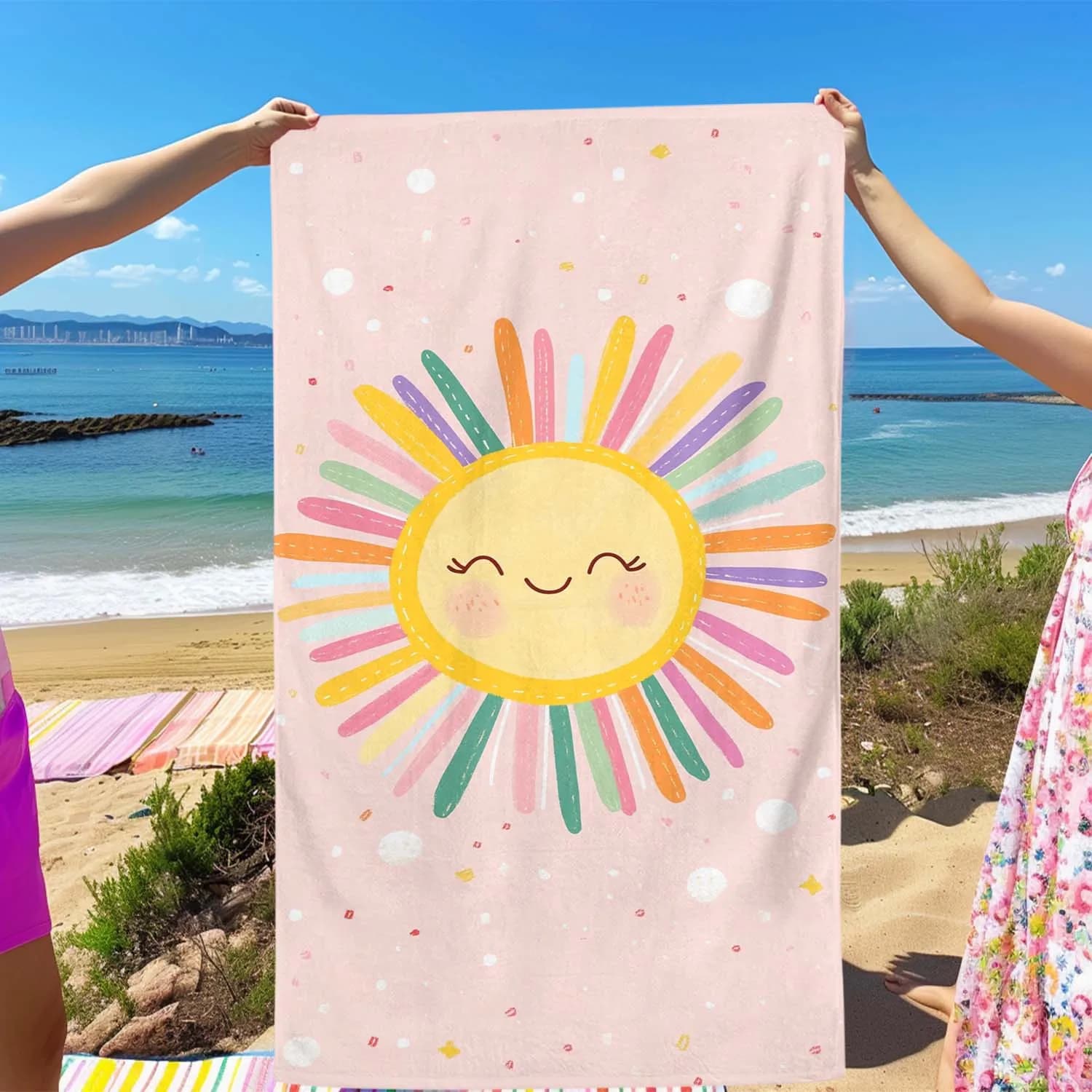 Asciugamano da Spiaggia in Microfibra Ultra-Morbido e Assorbente con Divertente Cartone Animato di Sole Sorridente, Leggero, Anti-Sabbia, ad Asciugatura Rapida per Viaggi