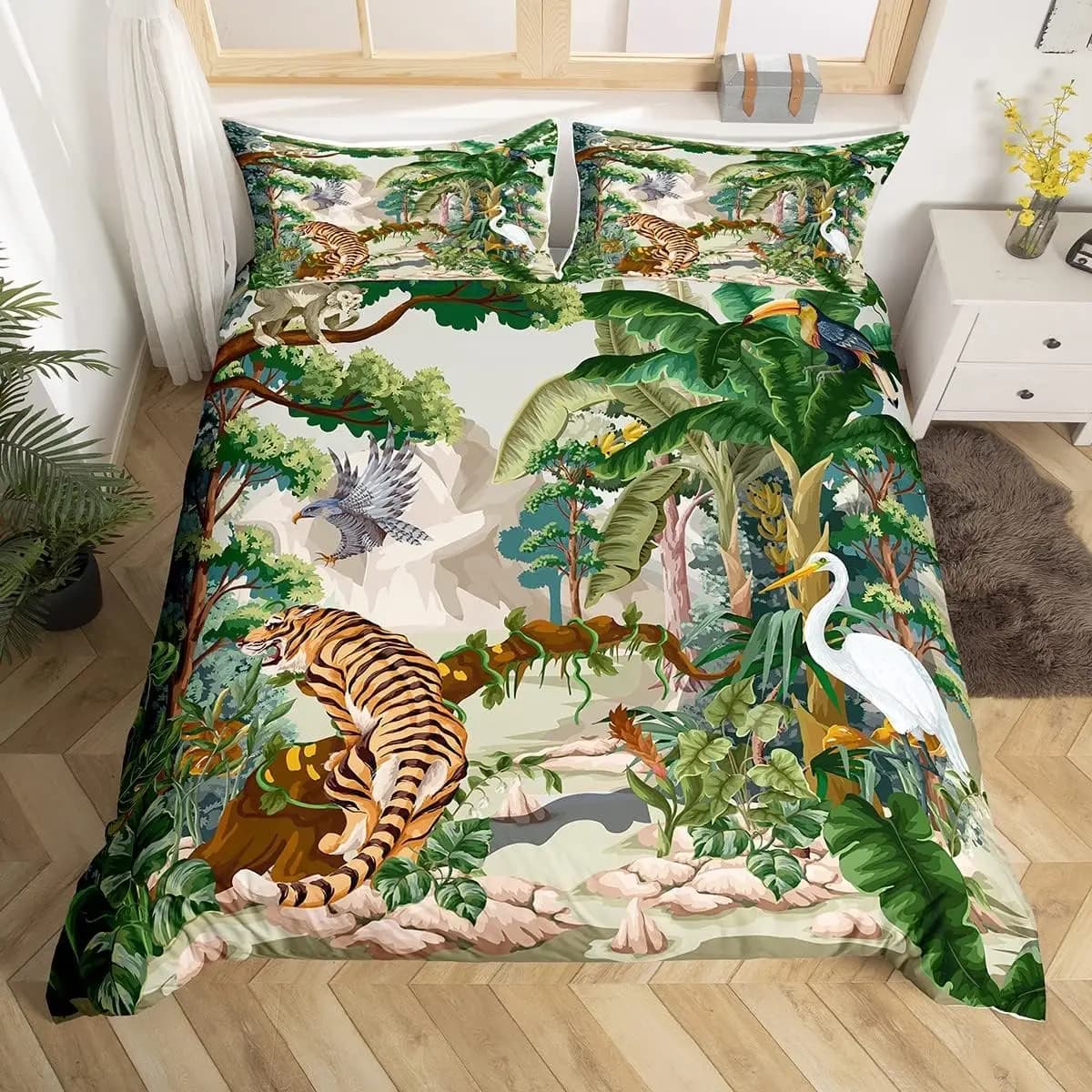 Tiger Animal Duvet Cover Single Size Green Palm Leaves Jungle Bedding Set With 1 Pillowcase Rainforest Eagle Wildlife