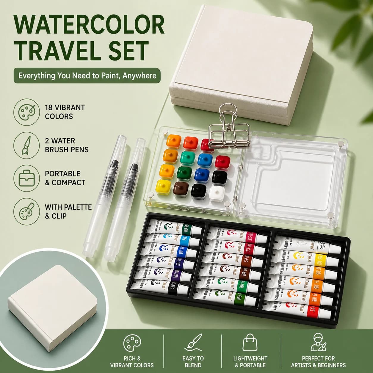Pocket Size 18 Colors Watercolor Paint Set, Mini Travel Watercolor Kit with Water Brushes, Sketchbook, Palette Art Supplies