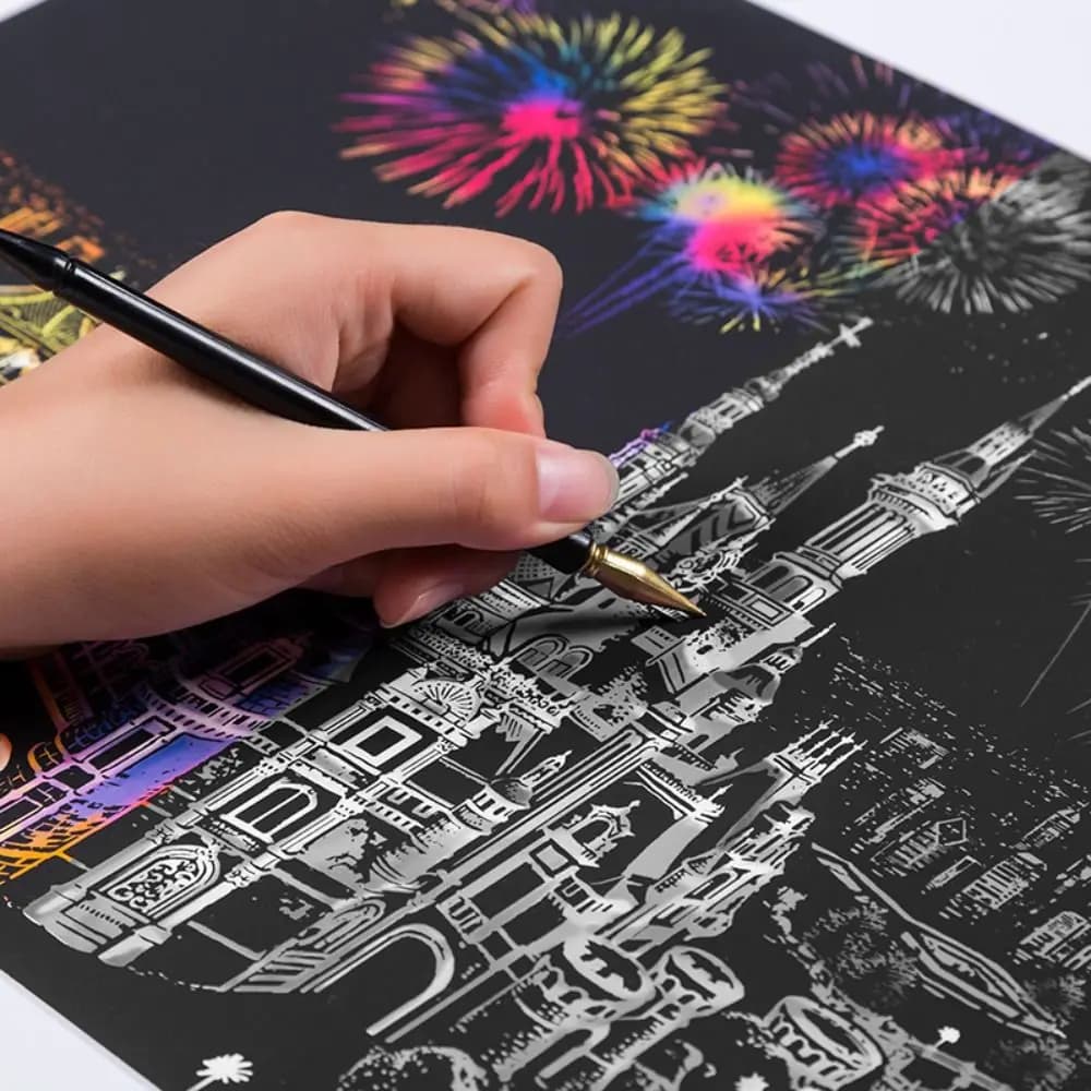 Set di Artigianato con Tavola da Graffiare e Strumenti, Kit per Pittura a Graffio, per Disegnare Castelli, Fiamme, Parchi Divertimento, Incisione e Pittura