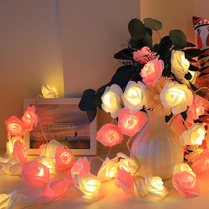 Luci a Stringa LED a Forma di Rosa Artificiale con 20 LED, Alimentate a Batteria, per Matrimoni, Feste, Festa della Mamma, Decorazione Casa e Camera da Letto