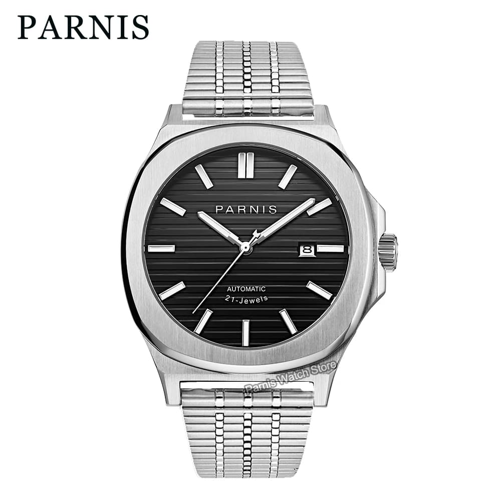 Parnis 42mm Automatic mechanical watch with Black Dial, Stainless Steel Case Silver, Leather Strap and Calendar
