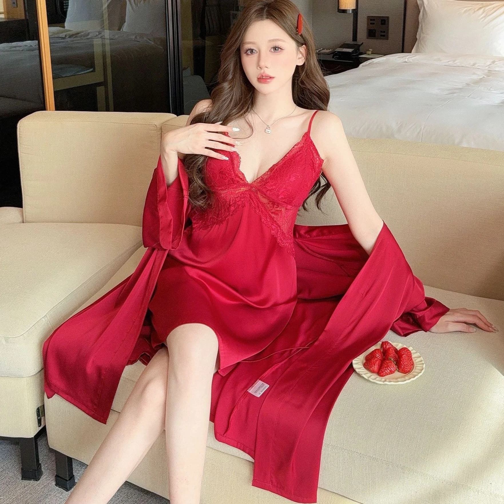 Twinset Women Nighty&Robe Set Burgundy Bathrobe Gown Sleep Suit Satin Nightgown Kimono Lace Loungewear Sleepwear Lingerie